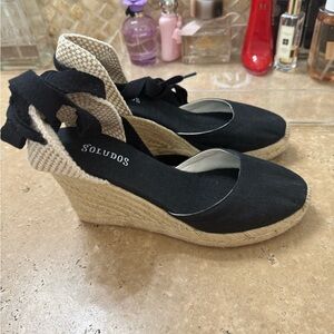 Soludos Espadrille Wedges Black Tan Canvas